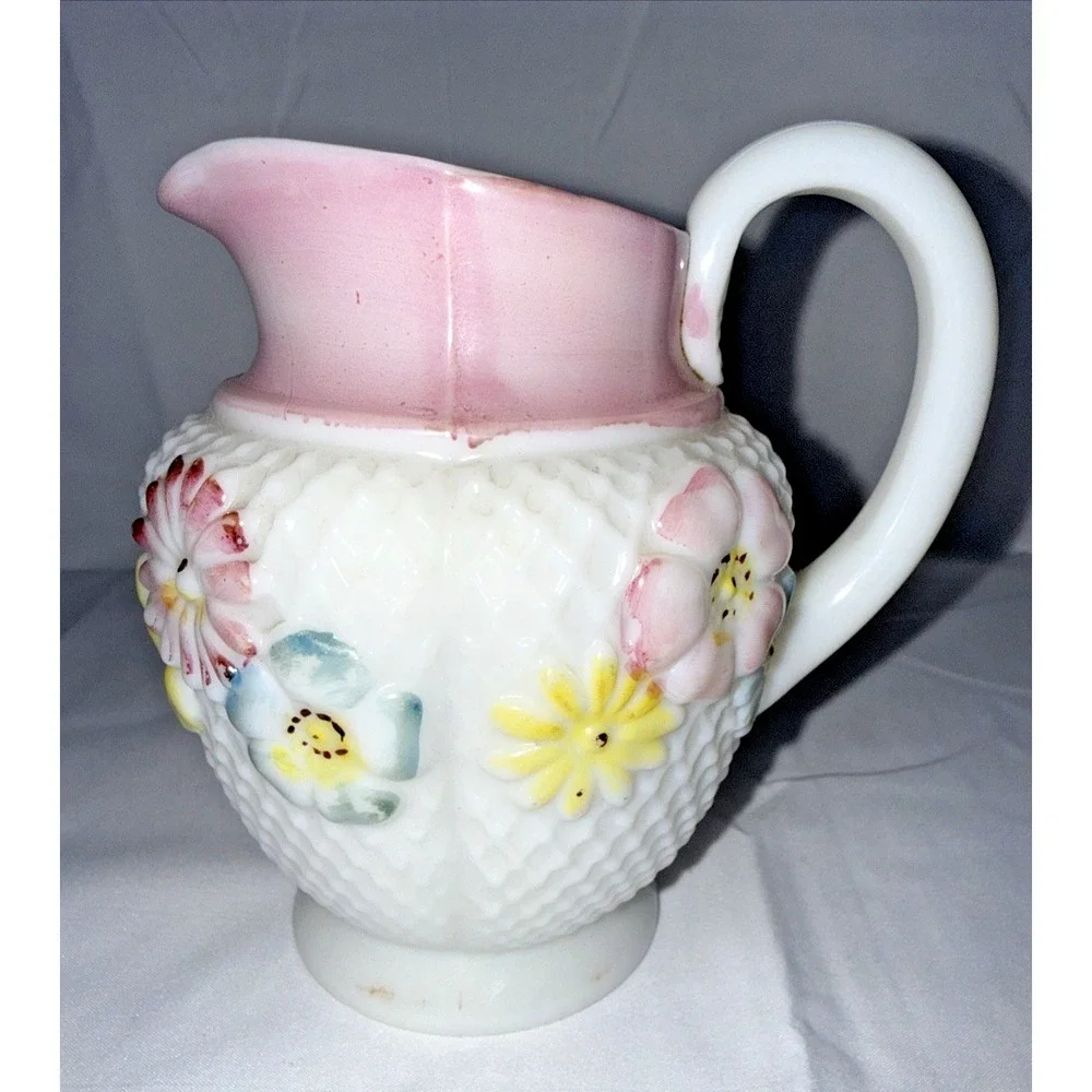 Victorian Consolidated Glass Cosmos Floral Creamer Milk Glass 1890s Antique